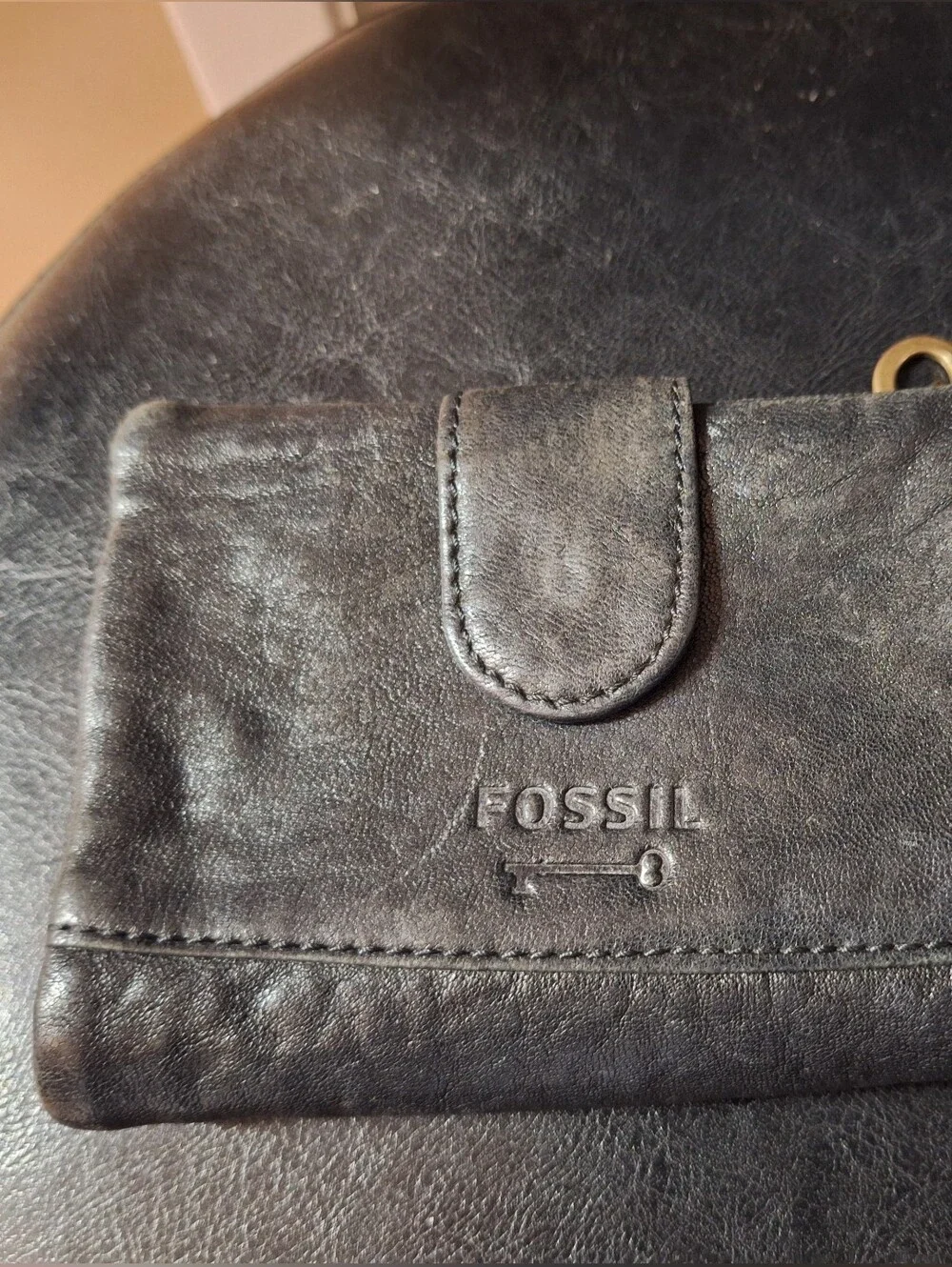 Fossil Black Smooth Leather Double Zip Coin Pouch Wallet Vintage Key Pulls Soft